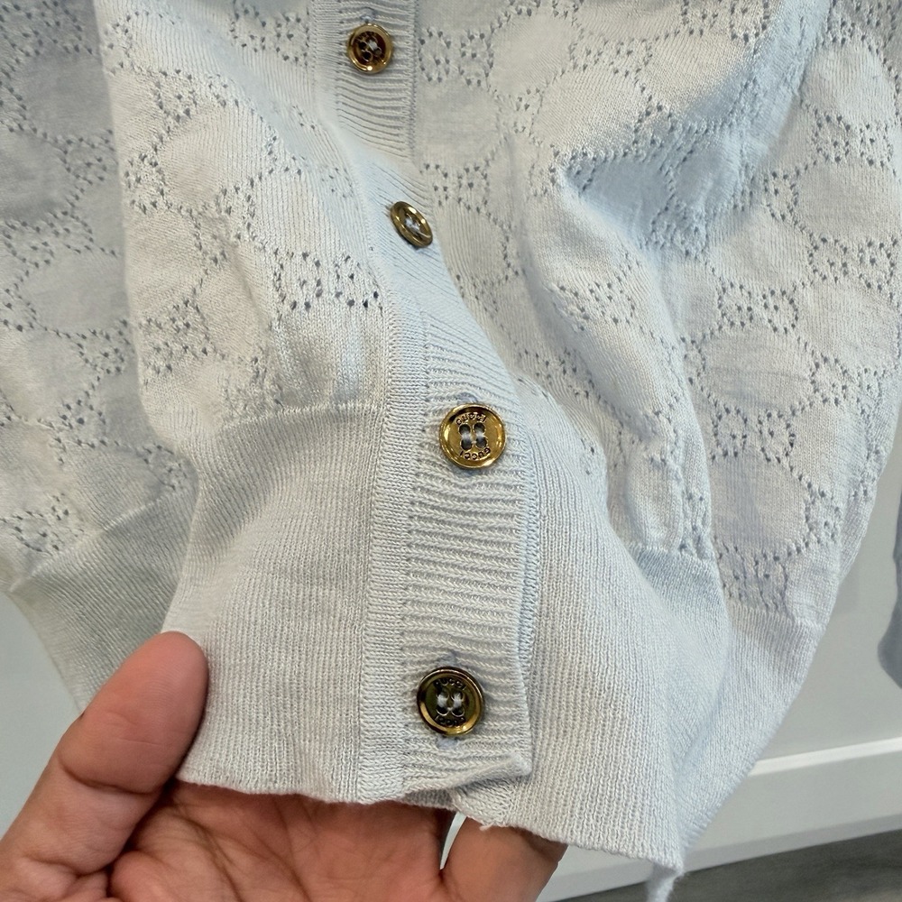 Gucci Womens M Silk Cotton Pointelle Cardigan Light Blue Gold Logo Buttons Italy - Picture 4 of 10